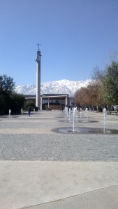 Beautiful chapel in the campus centre with water features and Andes in the background. This was taken in Winter!